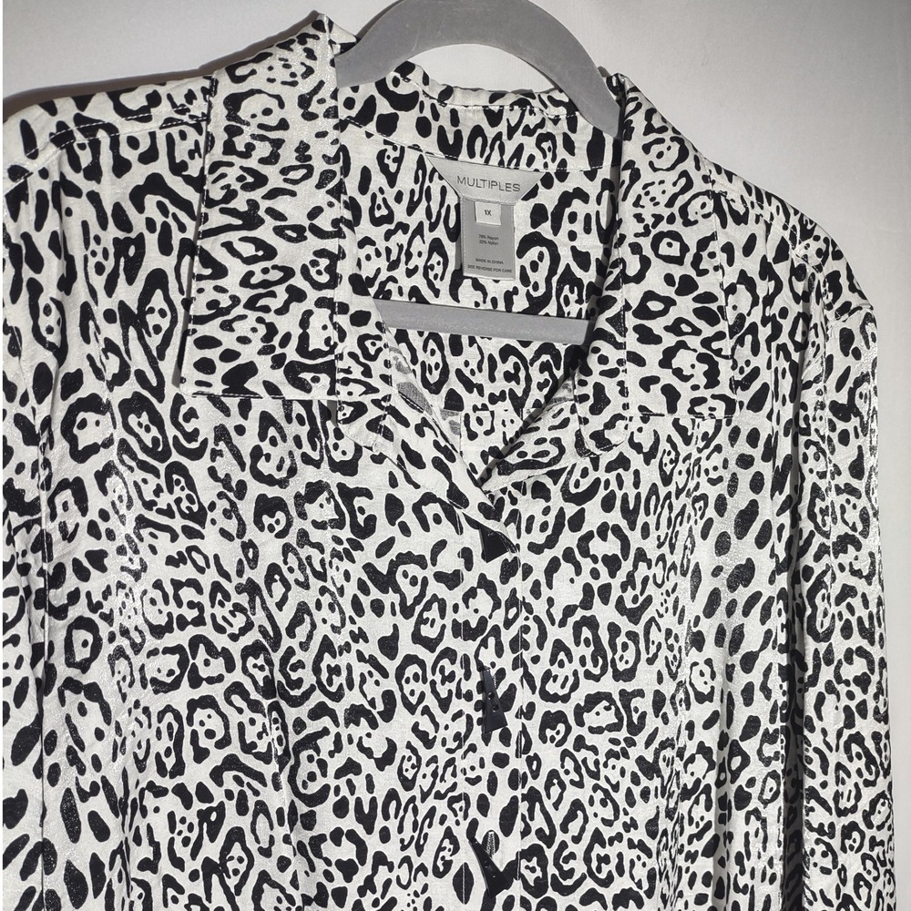Multiples Womens‎ 1X Black White Leopard Print Button Up Long Sleeve Shirt